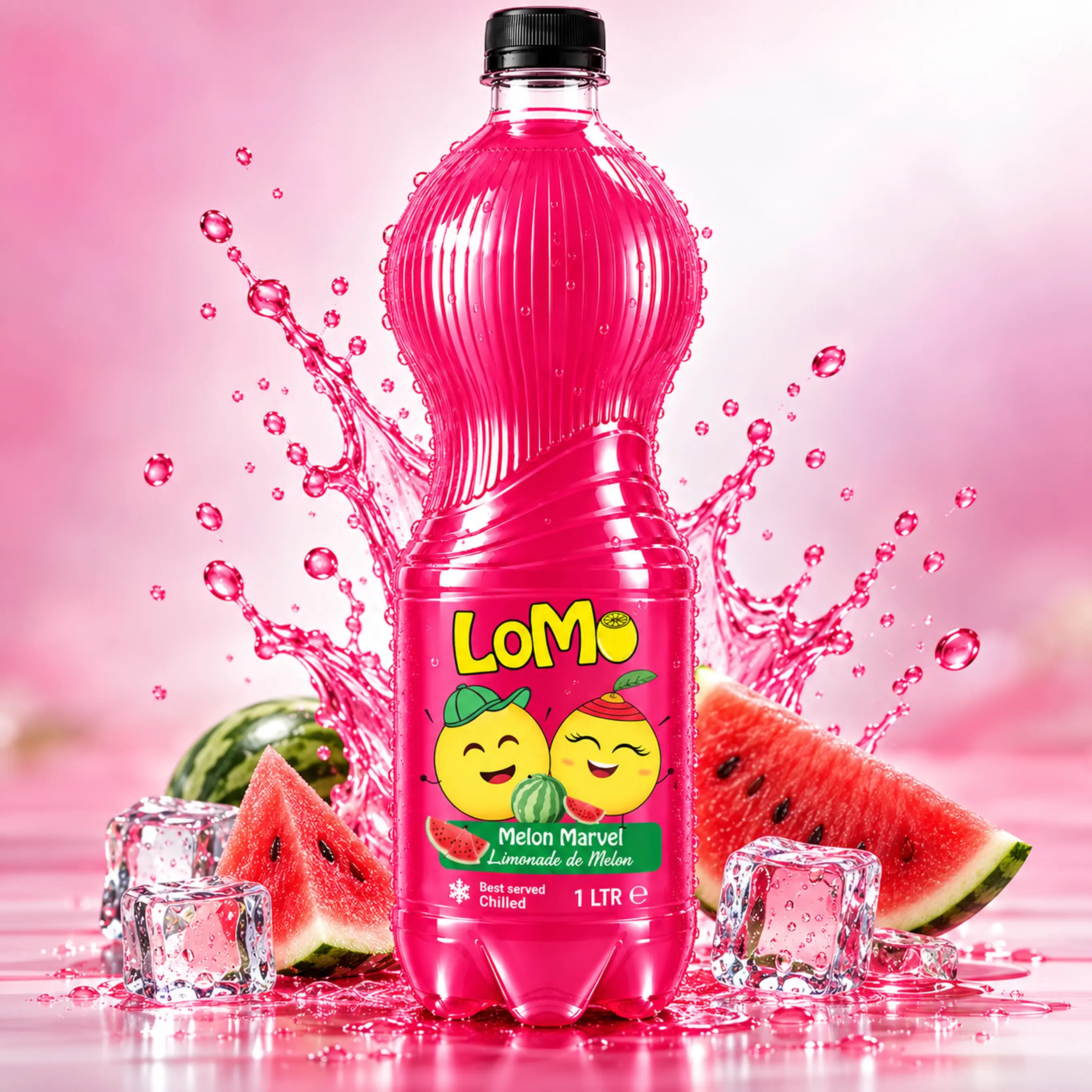 LOMO Melon Marvel 1L lemonade bottle with watermelon slices, ice cubes and pink fruit splash.